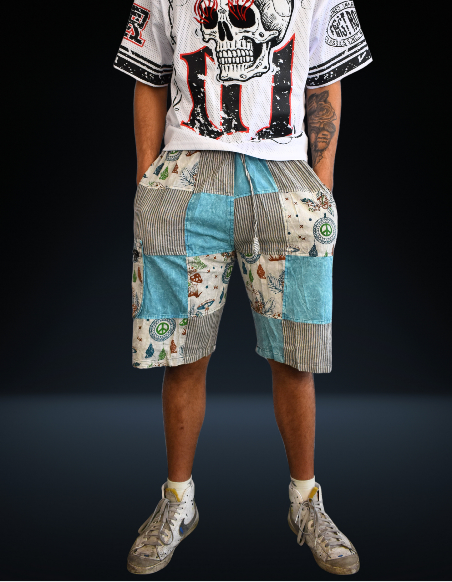 Blue Mushies Patchwork Shorts