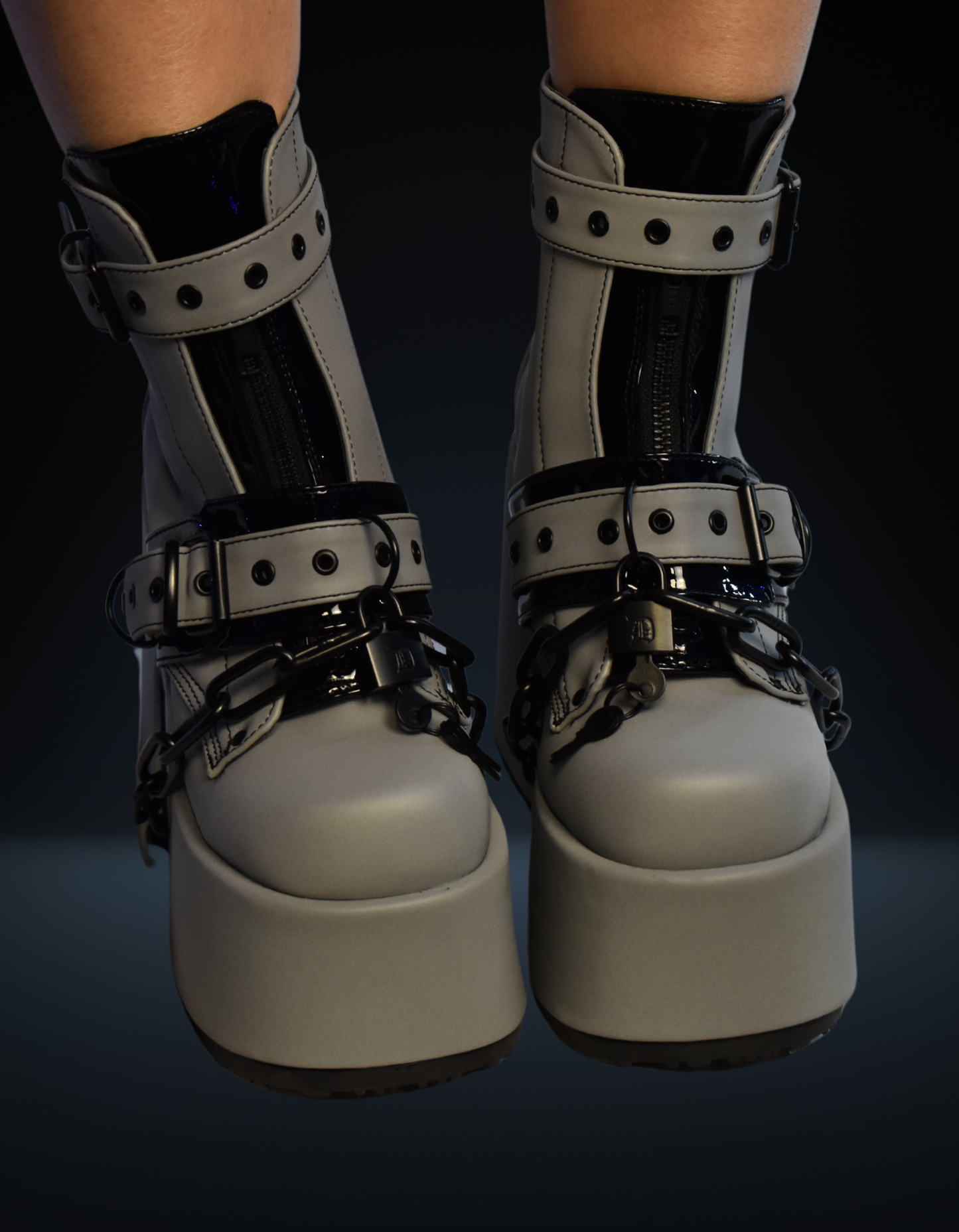 Demonia Grey Reflective Chunky Platform