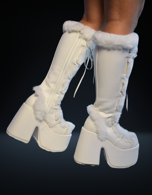 Demonia White Fur Platform