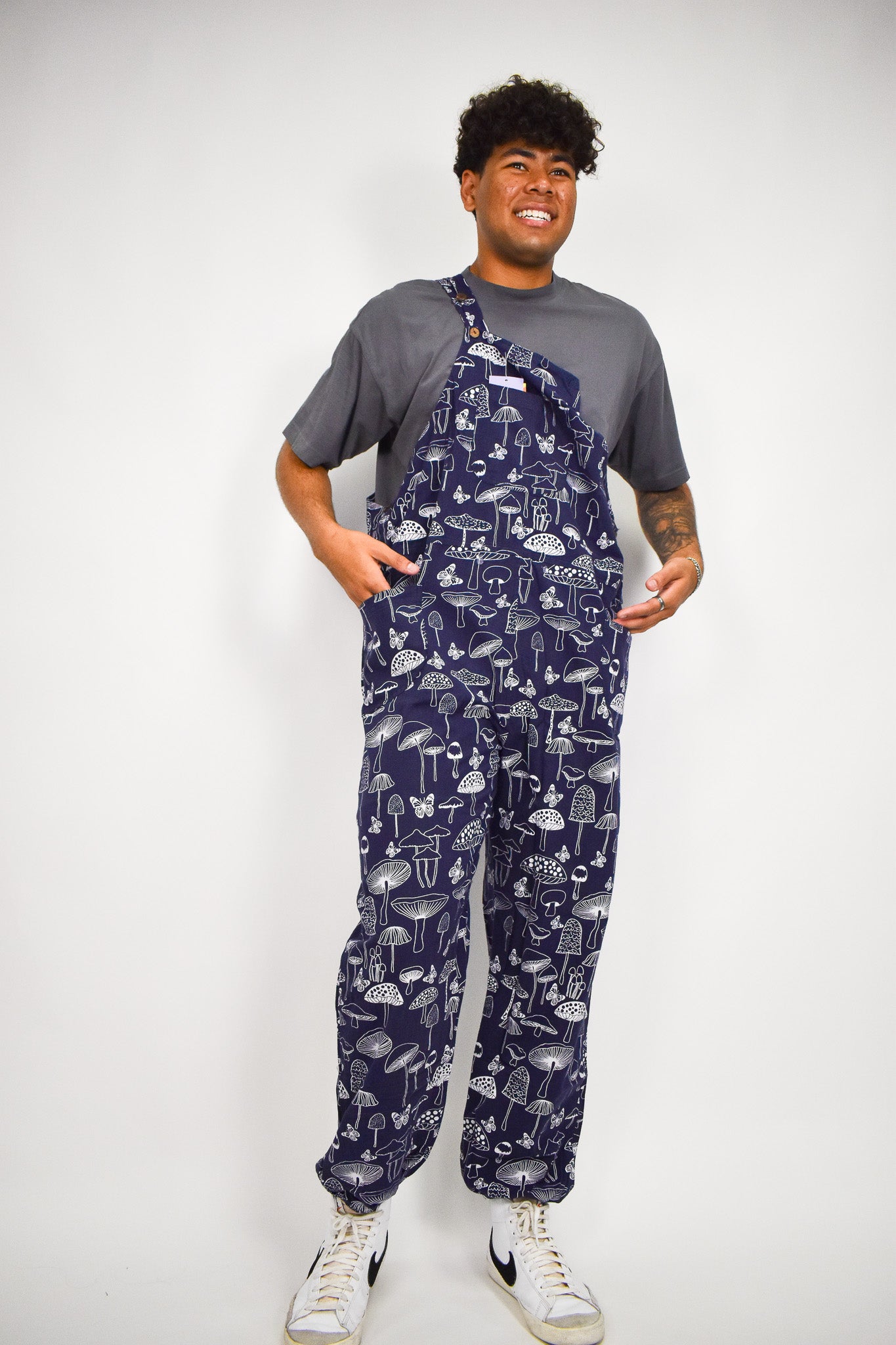 Navy Blue Mushroom Overalls