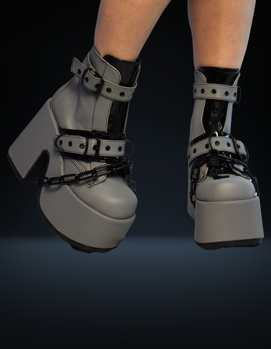 Demonia Grey Reflective Chunky Platform